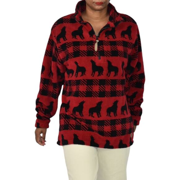 Woolrich Sherpa Fleece Jacket Red Quarter Zip Wolf Buffalo Plaid Blanket Large - Picture 15 of 16